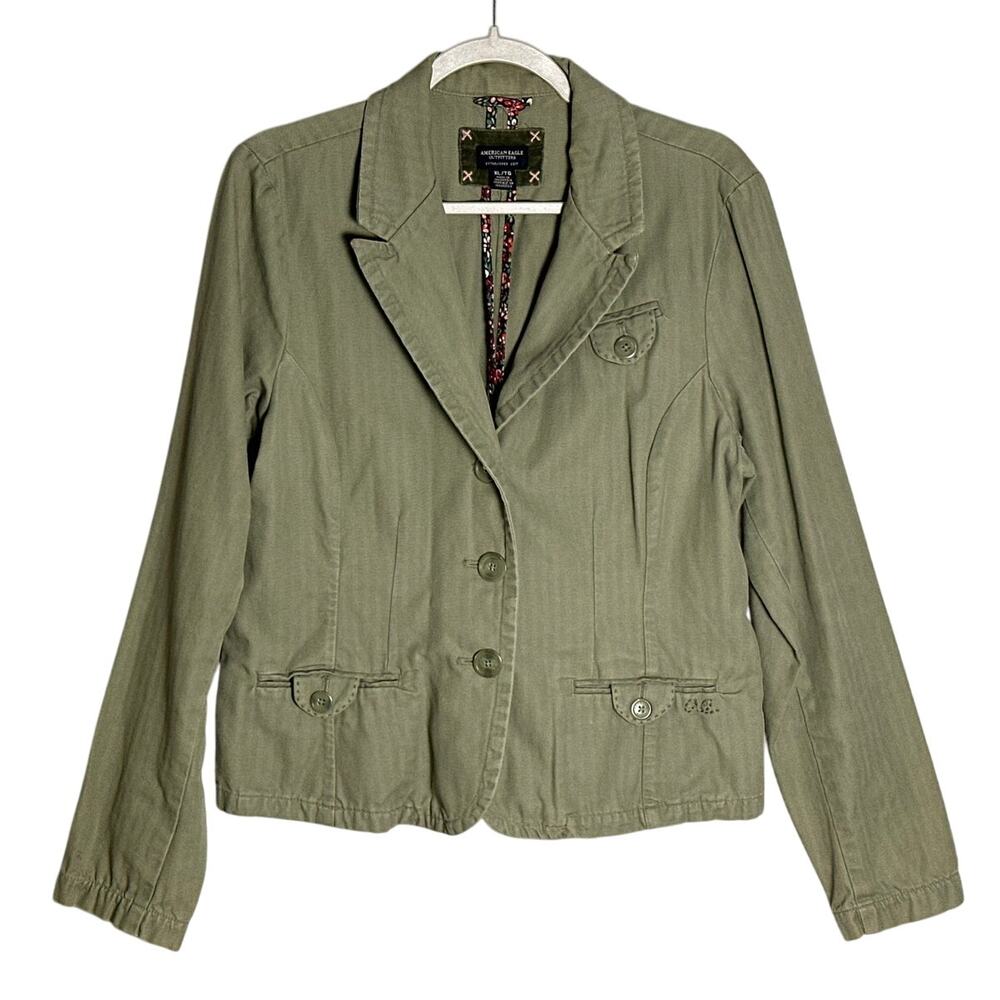 American Eagle Sz XL 100% Cotton Blazer Jacket Green Y2K 2000s Embroidered Logo